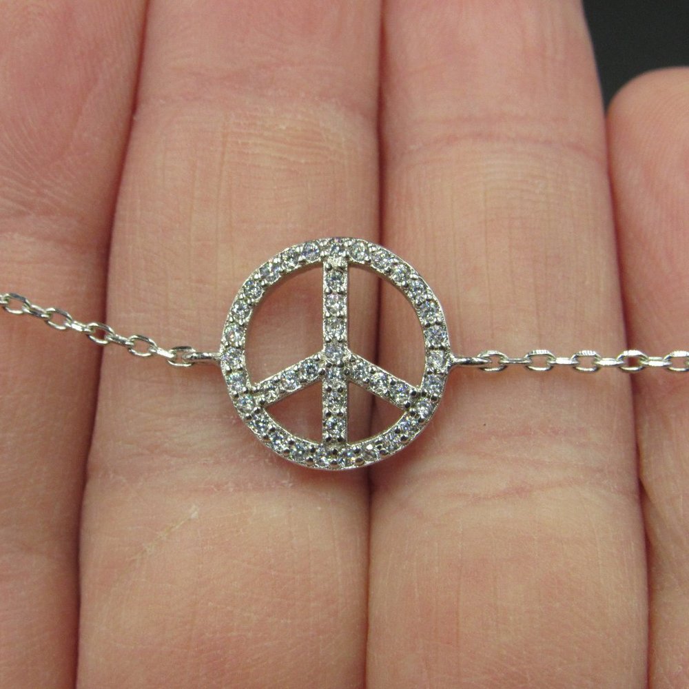 8" Sterling Silver Clear CZ Peace Symbol Bracelet